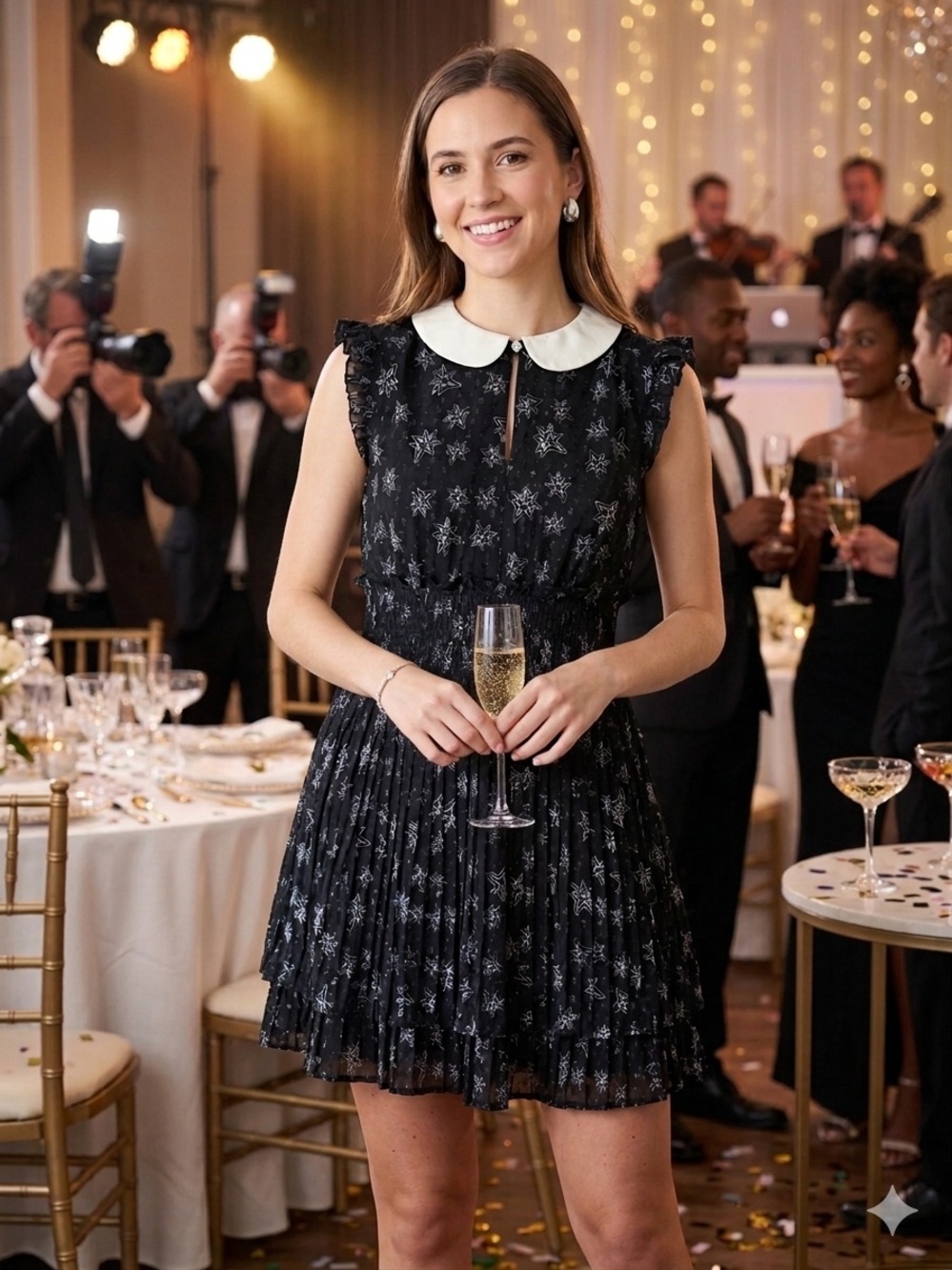 Black Star-Print Midi Dress with Cream Collar